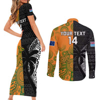 Custom Fiji And Australia Rugby Couples Matching Short Sleeve Bodycon Dress and Long Sleeve Button Shirt Fijian Tapa Pattern With Aussie Aboriginal Art LT14 - Polynesian Pride