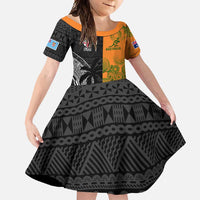 Custom Fiji And Australia Rugby Family Matching Long Sleeve Bodycon Dress and Hawaiian Shirt Fijian Tapa Pattern With Aussie Aboriginal Art LT14 Daughter's Dress Black - Polynesian Pride