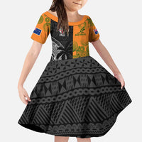 Custom Fiji And Australia Rugby Family Matching Off Shoulder Maxi Dress and Hawaiian Shirt Fijian Tapa Pattern With Aussie Aboriginal Art LT14 Daughter's Dress Black - Polynesian Pride