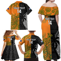 Custom Fiji And Australia Rugby Family Matching Off Shoulder Maxi Dress and Hawaiian Shirt Fijian Tapa Pattern With Aussie Aboriginal Art LT14 - Polynesian Pride