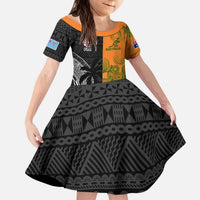 Custom Fiji And Australia Rugby Family Matching Puletasi and Hawaiian Shirt Fijian Tapa Pattern With Aussie Aboriginal Art LT14 Daughter's Dress Black - Polynesian Pride
