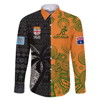 Custom Fiji And Australia Rugby Family Matching Puletasi and Hawaiian Shirt Fijian Tapa Pattern With Aussie Aboriginal Art LT14 Dad's Shirt - Long Sleeve Black - Polynesian Pride