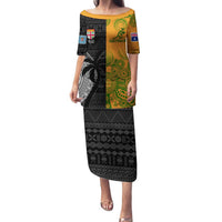 Custom Fiji And Australia Rugby Family Matching Puletasi and Hawaiian Shirt Fijian Tapa Pattern With Aussie Aboriginal Art LT14 Mom's Dress Black - Polynesian Pride
