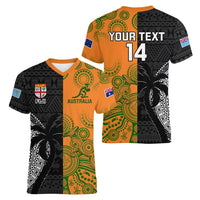 Custom Fiji And Australia Rugby Women V-Neck T-Shirt Fijian Tapa Pattern With Aussie Aboriginal Art