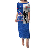 Custom Fiji And Samoa Rugby Puletasi 2023 World Cup Samoan Mix Tapa Pattern LT14 Long Dress Blue - Polynesian Pride