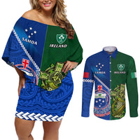 Samoa And Ireland Rugby Couples Matching Off Shoulder Short Dress and Long Sleeve Button Shirts 2023 World Cup Manu Samoa With Shamrocks LT14 Blue - Polynesian Pride