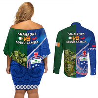 Samoa And Ireland Rugby Couples Matching Off Shoulder Short Dress and Long Sleeve Button Shirts 2023 World Cup Manu Samoa With Shamrocks LT14 - Polynesian Pride