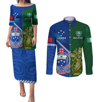 Samoa And Ireland Rugby Couples Matching Puletasi Dress and Long Sleeve Button Shirts 2023 World Cup Manu Samoa With Shamrocks LT14 Blue - Polynesian Pride