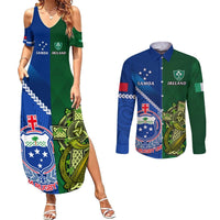 Samoa And Ireland Rugby Couples Matching Summer Maxi Dress and Long Sleeve Button Shirts 2023 World Cup Manu Samoa With Shamrocks LT14 Blue - Polynesian Pride