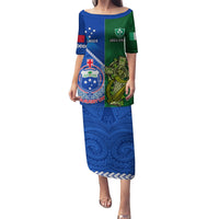 Samoa And Ireland Rugby Puletasi 2023 World Cup Manu Samoa With Shamrocks LT14 Long Dress Blue - Polynesian Pride