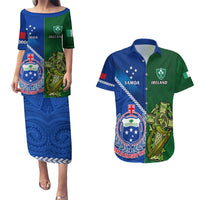 Custom Samoa And Ireland Rugby Couples Matching Puletasi Dress and Hawaiian Shirt 2023 World Cup Manu Samoa With Shamrocks LT14 Blue - Polynesian Pride