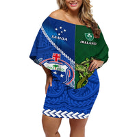 Custom Samoa And Ireland Rugby Off Shoulder Short Dress 2023 World Cup Manu Samoa With Shamrocks LT14 Women Blue - Polynesian Pride