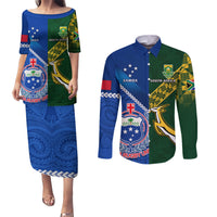 Custom Samoa And South Africa Rugby Couples Matching Puletasi Dress and Long Sleeve Button Shirts 2023 World Cup Manu Samoa With Springboks LT14 Blue - Polynesian Pride