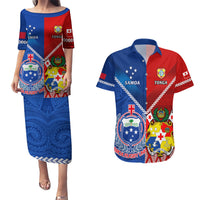Custom Samoa And Tonga Rugby Couples Matching Puletasi Dress and Hawaiian Shirt 2023 World Cup Manu Samoa With Ikale Tahi LT14 Blue - Polynesian Pride