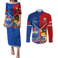 Custom Samoa And Tonga Rugby Couples Matching Puletasi Dress and Long Sleeve Button Shirts 2023 World Cup Manu Samoa With Ikale Tahi LT14 Blue - Polynesian Pride
