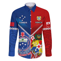Custom Samoa And Tonga Rugby Family Matching Short Sleeve Bodycon Dress and Hawaiian Shirt 2023 World Cup Manu Samoa With Ikale Tahi LT14 Dad's Shirt - Long Sleeve Blue - Polynesian Pride