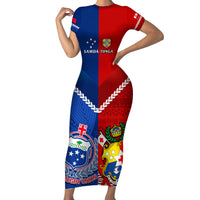 Custom Samoa And Tonga Rugby Family Matching Short Sleeve Bodycon Dress and Hawaiian Shirt 2023 World Cup Manu Samoa With Ikale Tahi LT14 Mom's Dress Blue - Polynesian Pride
