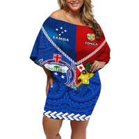 Custom Samoa And Tonga Rugby Off Shoulder Short Dress 2023 World Cup Manu Samoa With Ikale Tahi LT14 Women Blue - Polynesian Pride