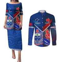 Samoa And France Rugby Couples Matching Puletasi Dress and Long Sleeve Button Shirts 2023 World Cup Manu Samoa With Les Bleus LT14 Blue - Polynesian Pride
