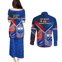 Samoa And France Rugby Couples Matching Puletasi Dress and Long Sleeve Button Shirts 2023 World Cup Manu Samoa With Les Bleus LT14 - Polynesian Pride