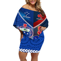 Samoa And France Rugby Off Shoulder Short Dress 2023 World Cup Manu Samoa With Les Bleus LT14 Women Blue - Polynesian Pride