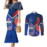 Custom Samoa And France Rugby Couples Matching Mermaid Dress and Long Sleeve Button Shirts 2023 World Cup Manu Samoa With Les Bleus LT14 Blue - Polynesian Pride