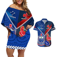 Custom Samoa And France Rugby Couples Matching Off Shoulder Short Dress and Hawaiian Shirt 2023 World Cup Manu Samoa With Les Bleus LT14 Blue - Polynesian Pride
