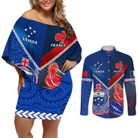 Custom Samoa And France Rugby Couples Matching Off Shoulder Short Dress and Long Sleeve Button Shirts 2023 World Cup Manu Samoa With Les Bleus LT14 Blue - Polynesian Pride