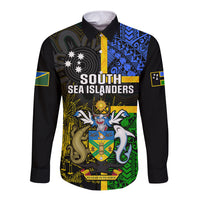 South Sea Islanders Long Sleeve Button Shirt Kanakas With Solomon Islands Coat Of Arms LT14 Unisex Black - Polynesian Pride