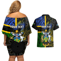 Personalised South Sea Islanders Couples Matching Off Shoulder Short Dress and Hawaiian Shirt Kanakas With Solomon Islands Coat Of Arms LT14 - Polynesian Pride