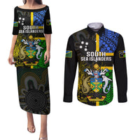 Personalised South Sea Islanders Couples Matching Puletasi Dress and Long Sleeve Button Shirts Kanakas With Solomon Islands Coat Of Arms LT14 Black - Polynesian Pride