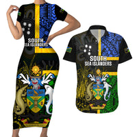 Personalised South Sea Islanders Couples Matching Short Sleeve Bodycon Dress and Hawaiian Shirt Kanakas With Solomon Islands Coat Of Arms LT14 Black - Polynesian Pride