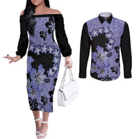Purple Hawaii Couples Matching Off The Shoulder Long Sleeve Dress and Long Sleeve Button Shirt Tapa Cloth Mix Tropical Flowers Pastel Vibes LT14 Purple - Polynesian Pride