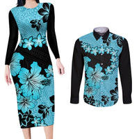 Blue Hawaii Couples Matching Long Sleeve Bodycon Dress and Long Sleeve Button Shirt Tapa Cloth Mix Tropical Flowers Pastel Vibes LT14 Blue - Polynesian Pride