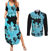 Blue Hawaii Couples Matching Summer Maxi Dress and Long Sleeve Button Shirt Tapa Cloth Mix Tropical Flowers Pastel Vibes LT14 Blue - Polynesian Pride