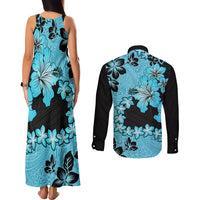 Blue Hawaii Couples Matching Tank Maxi Dress and Long Sleeve Button Shirt Tapa Cloth Mix Tropical Flowers Pastel Vibes LT14 - Polynesian Pride