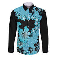 Blue Hawaii Family Matching Off Shoulder Short Dress and Hawaiian Shirt Tapa Cloth Mix Tropical Flowers Pastel Vibes LT14 Dad's Shirt - Long Sleeve Blue - Polynesian Pride