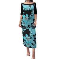 Blue Hawaii Family Matching Puletasi Dress and Hawaiian Shirt Tapa Cloth Mix Tropical Flowers Pastel Vibes LT14 Mom's Dress Blue - Polynesian Pride