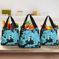 Blue Hawaii Grocery Bag Tapa Cloth Mix Tropical Flowers Pastel Vibes