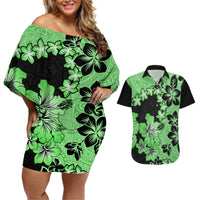 Green Hawaii Couples Matching Off Shoulder Short Dress and Hawaiian Shirt Tapa Cloth Mix Tropical Flowers Pastel Vibes LT14 Green - Polynesian Pride