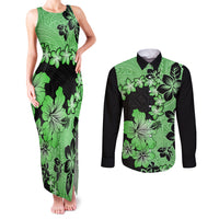Green Hawaii Couples Matching Tank Maxi Dress and Long Sleeve Button Shirt Tapa Cloth Mix Tropical Flowers Pastel Vibes LT14 Green - Polynesian Pride