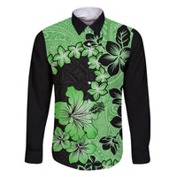 Green Hawaii Family Matching Short Sleeve Bodycon Dress and Hawaiian Shirt Tapa Cloth Mix Tropical Flowers Pastel Vibes LT14 Dad's Shirt - Long Sleeve Green - Polynesian Pride