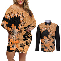 Orange Hawaii Couples Matching Off Shoulder Short Dress and Long Sleeve Button Shirt Tapa Cloth Mix Tropical Flowers Pastel Vibes LT14 Orange - Polynesian Pride