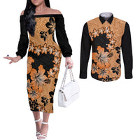 Orange Hawaii Couples Matching Off The Shoulder Long Sleeve Dress and Long Sleeve Button Shirt Tapa Cloth Mix Tropical Flowers Pastel Vibes LT14 Orange - Polynesian Pride