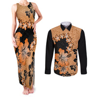 Orange Hawaii Couples Matching Tank Maxi Dress and Long Sleeve Button Shirt Tapa Cloth Mix Tropical Flowers Pastel Vibes LT14 Orange - Polynesian Pride