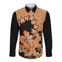 Orange Hawaii Long Sleeve Button Shirt Tapa Cloth Mix Tropical Flowers Pastel Vibes LT14 Unisex Orange - Polynesian Pride
