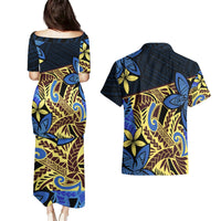 Polynesia Fabric Couples Matching Puletasi Dress and Hawaiian Shirt Polynesian Tribal With Frangipani Flowers LT14 - Polynesian Pride