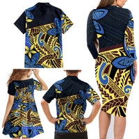 Polynesia Fabric Family Matching Long Sleeve Bodycon Dress and Hawaiian Shirt Polynesian Tribal With Frangipani Flowers LT14 - Polynesian Pride