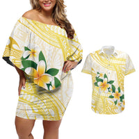 Gold And White Polynesia Plumeria Couples Matching Off Shoulder Short Dress and Hawaiian Shirt Curves Tropical Vibes