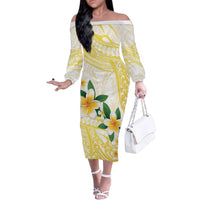 Gold And White Polynesia Plumeria Family Matching Off The Shoulder Long Sleeve Dress and Hawaiian Shirt Curves Tropical Vibes
